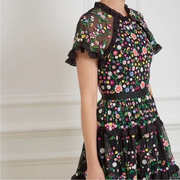 Needle & Thread Lazy Daisy Multicolor Floral Embroidered Black Midi Dress 4 - Picture 11 of 11